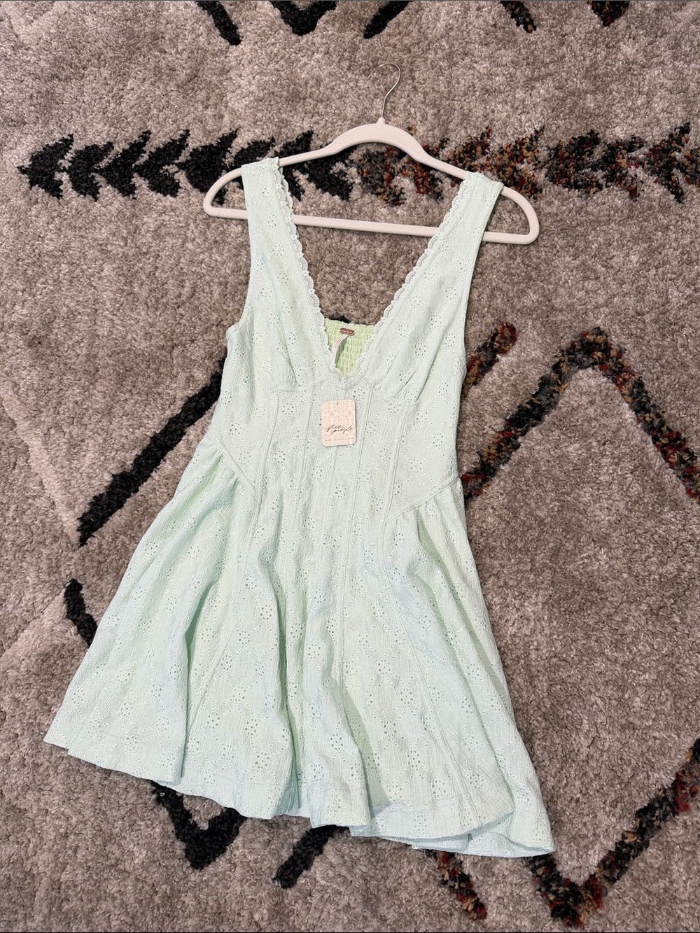 Free People Mint Eyelet V‑Neck Mini Dress